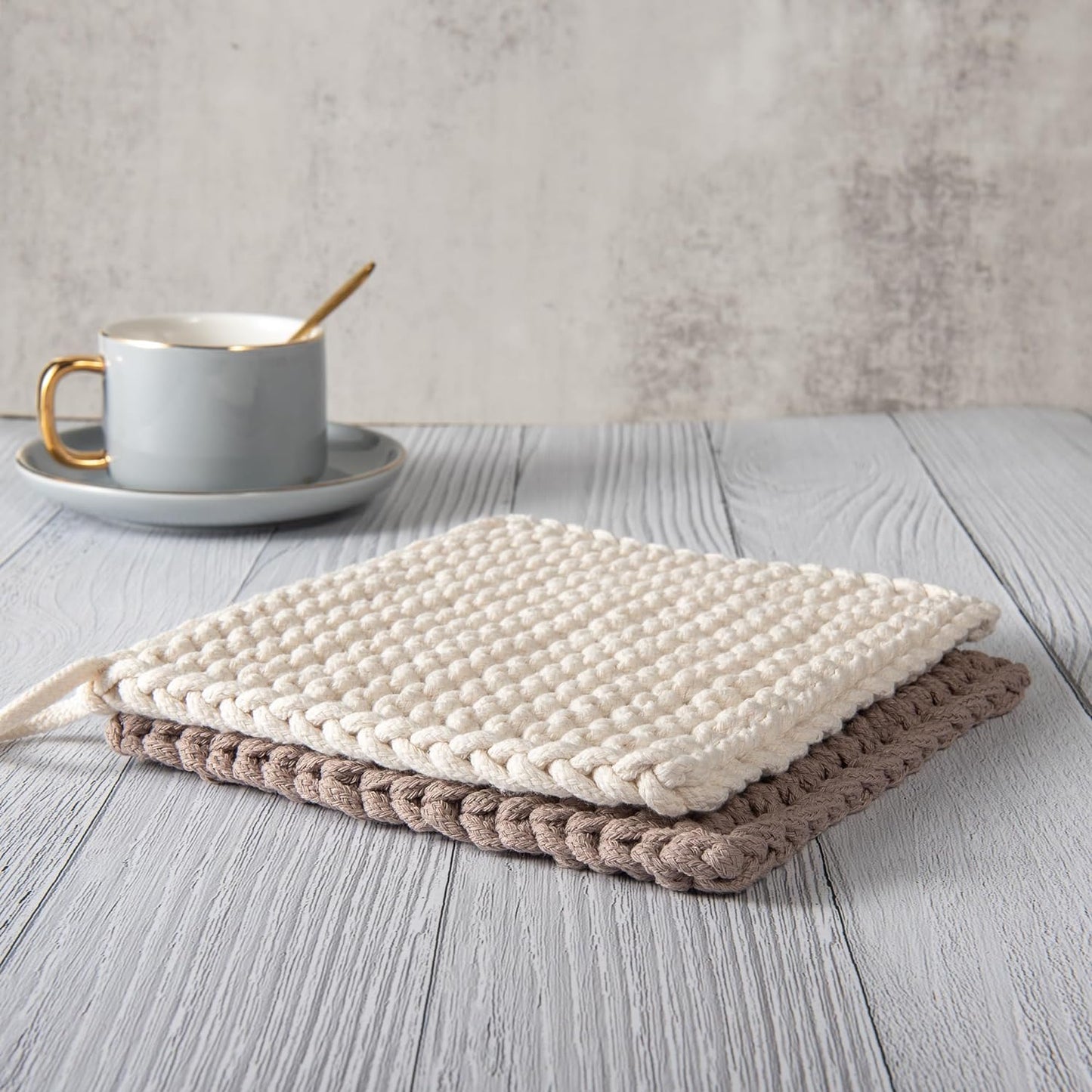 Thick Crocheted Pot Holders, Handmade Hot Pads without Pocket (2-Pack), 8"X8", High Heat Resistance (White and Taupe)