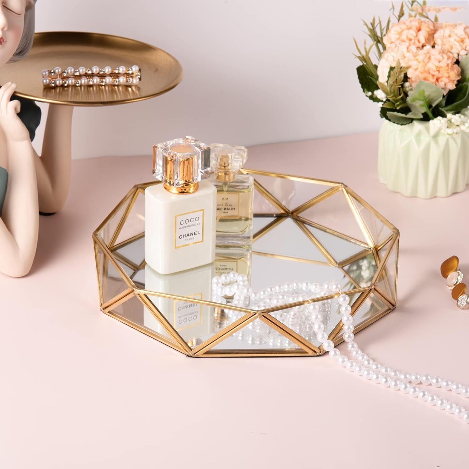 Gold Glass Perfume Tray Mirror Vanity Jewelry Trinket Organizer Tray Ornate Cosmetic Makeup Display Geometric Shape Display Decorative Tray for Home Decor Dresser Tabletop Countertop (9.5Inch)