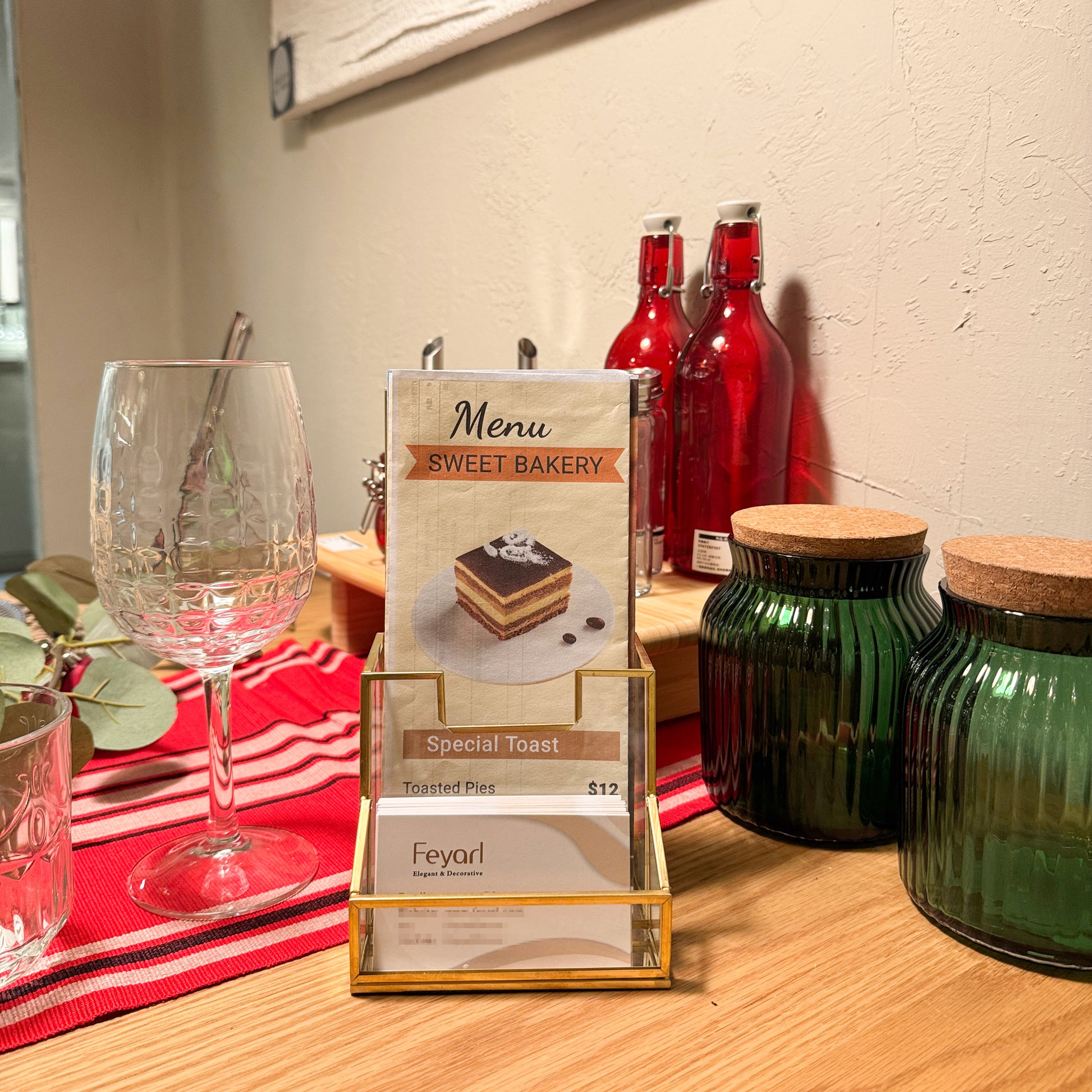 Elegant glass display stand for menus and booklets