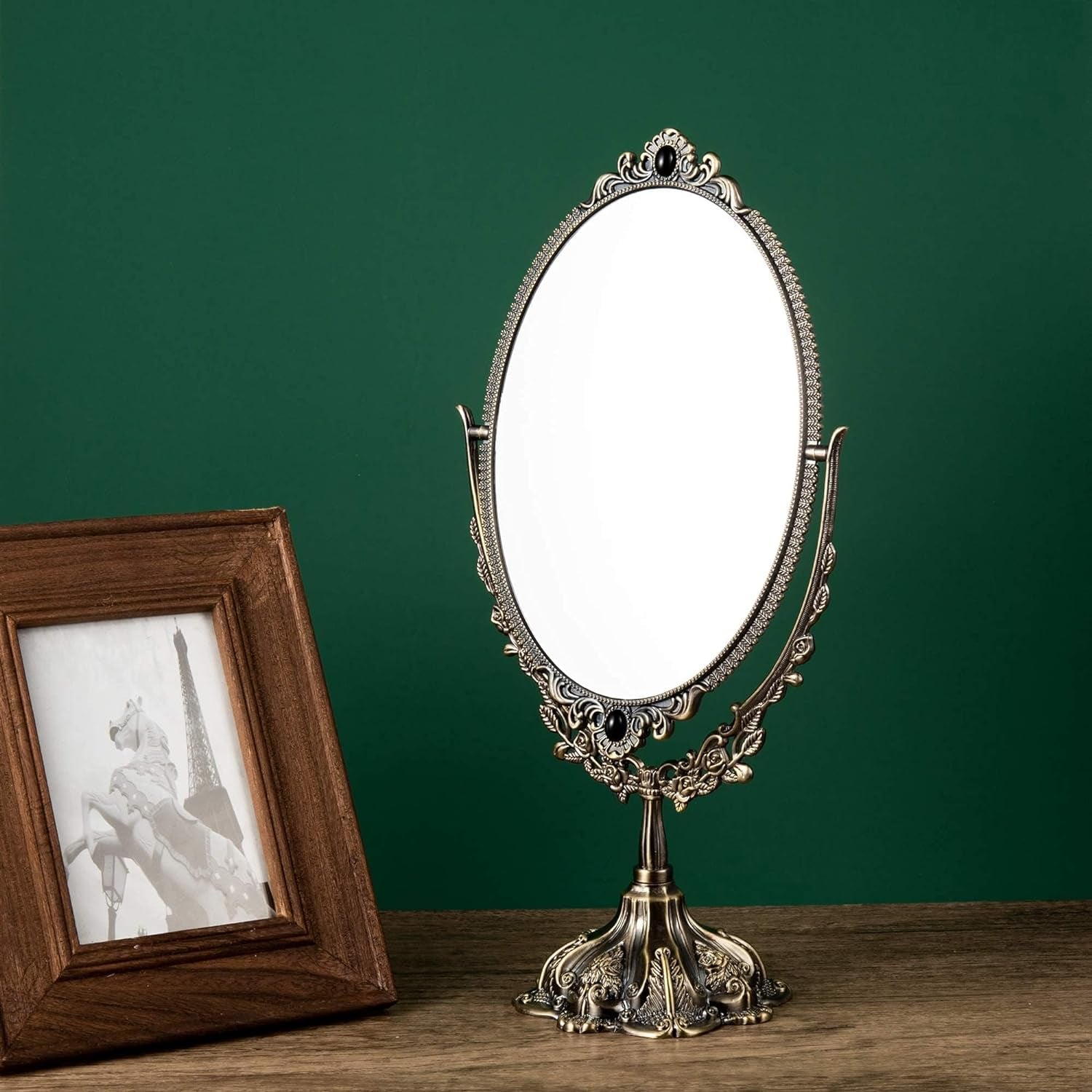 15Inch Metal Vintage Makeup Mirror Tabletop Oval Cosmetic Vanity Mirror Stand Double Sided Swivel Mirror with Embossed Frame Base Decorative Elegant Mirror for Bathroom Bedroom Dresser Tabletop
