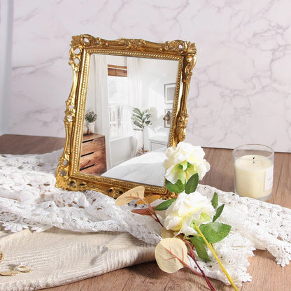 Miroir de maquillage rectangulaire vintage doré Feyarl | Miroir de courtoisie en résine de 10,8 x 9,4 pouces pour montage mural ou sur table | Miroir décoratif élégant pour commode et bureau
