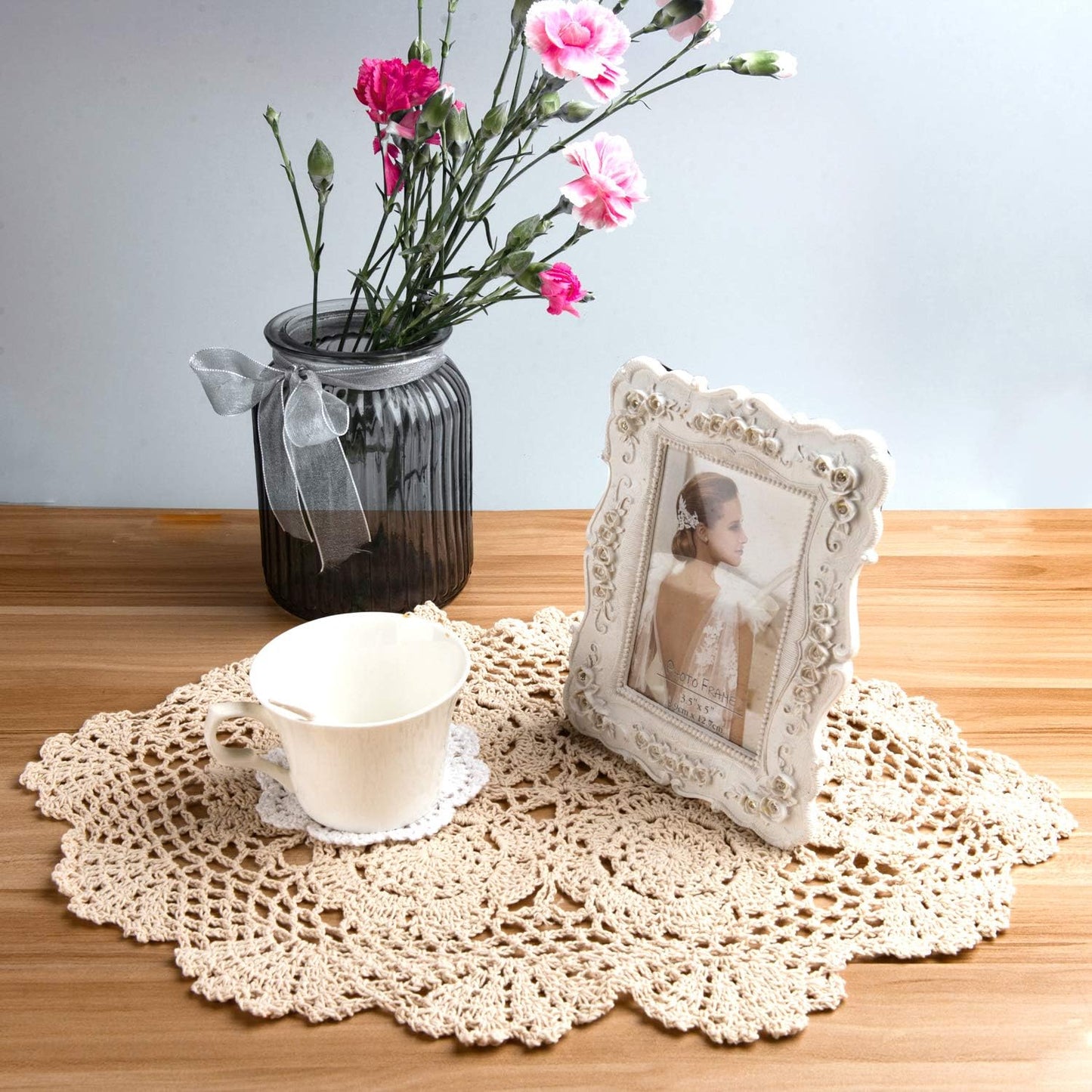 2-Pieces Handmade Cotton Crochet Doilies Oval Lace Table Placemats 12 X17Inch, Beige