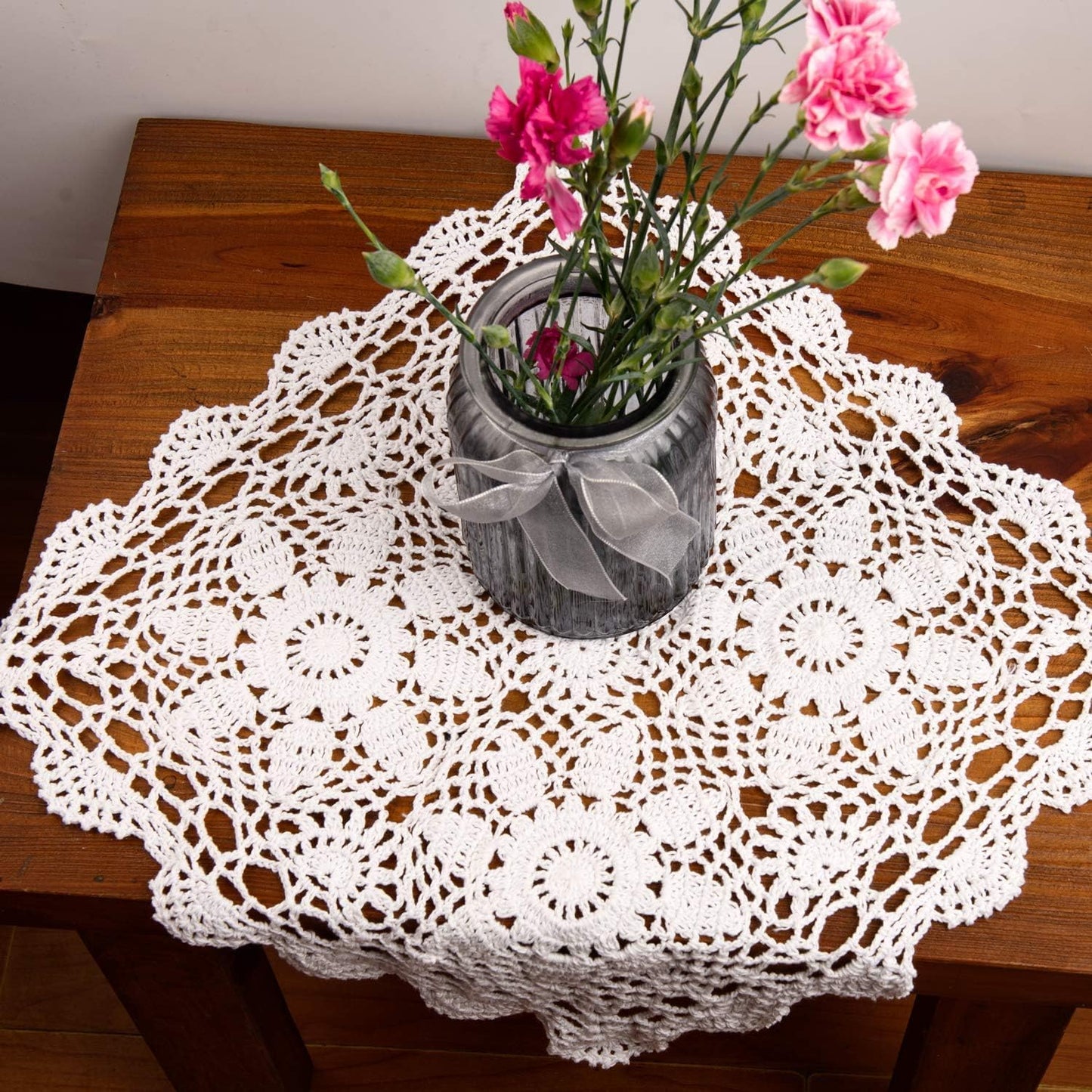 Crochet Placemats Table Doilies Square Handmade Cotton Lace Thread Cloth 1-Piece, 14X14 Inch (Beige)