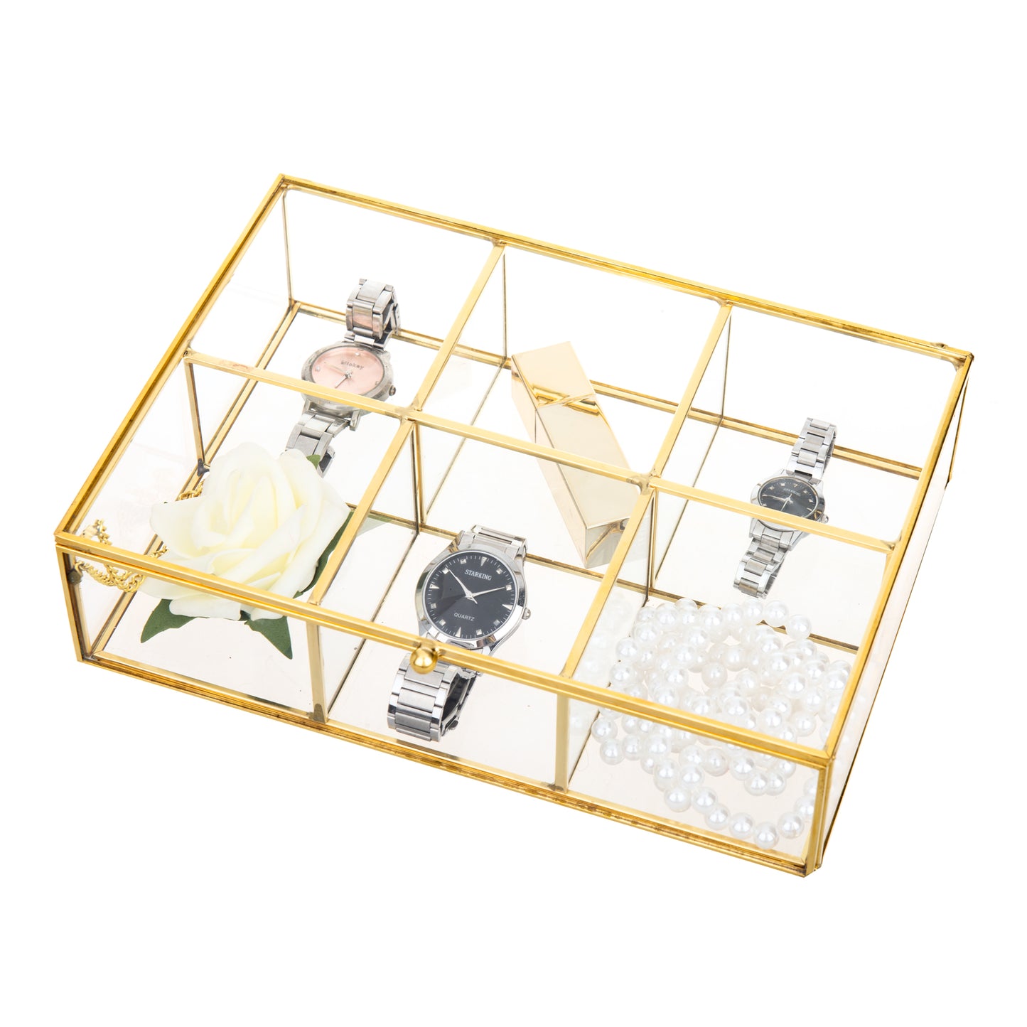 Feyarl Gold Glass Jewelry Trinket Box, Ring & Earring Display Case, Keepsake Organizer for Home Decor & Gifts