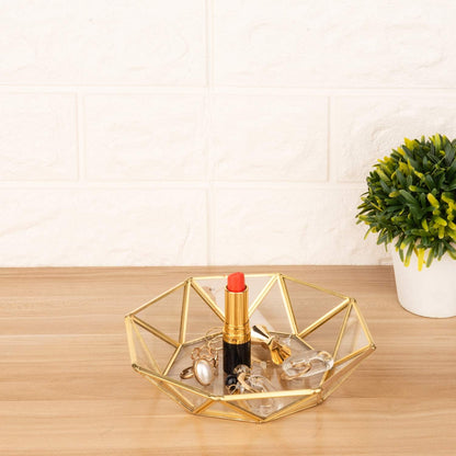 Gold Clear Glass Jewelry Trinket Tray Dish Plate Ornate Ring Earring Cosmetic Vanity Decorative Tray Organizer Storage for Display Dressing Tabletop Countertop(Octagonal)