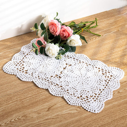 2-Pieces Handmade Cotton Crochet Doilies Rectangle Lace Table Crochet Placemats 10.6X16.9 Inch (White)