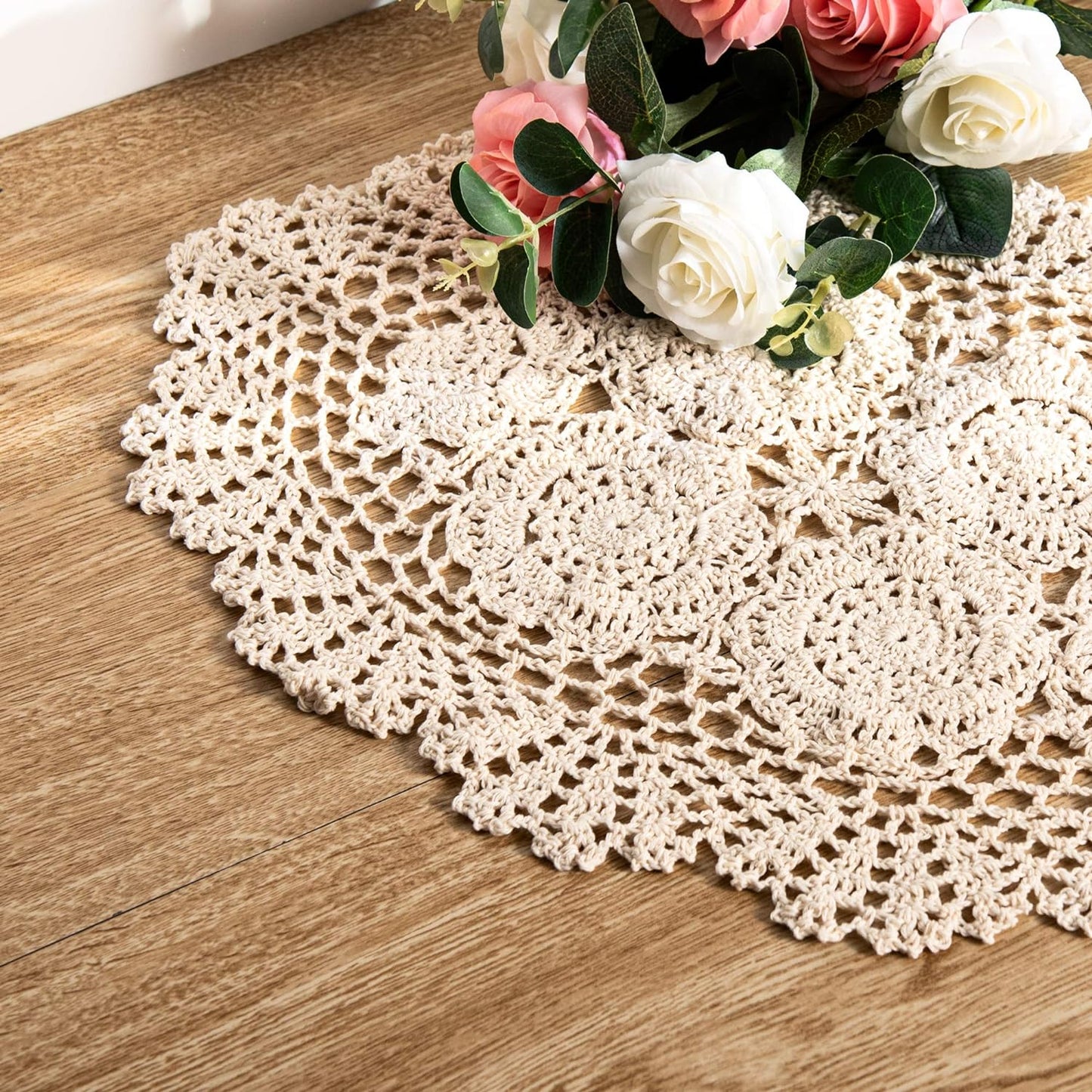 2-Pieces Handmade Cotton Crochet Doilies Oval Lace Table Placemats 12 X17Inch, Beige