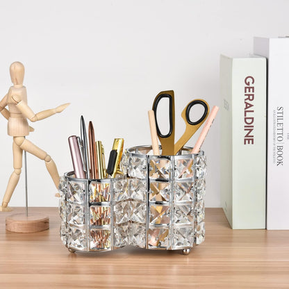 Crystal Makeup Brush Holder Silver Bling Cosmetic Tools Brush Comb Brush Pen Pencil Holder Pot Cup Storage Organizer Container Gorgeous Home Decor for Dresser Tabletop Bedroom Office (Silver)