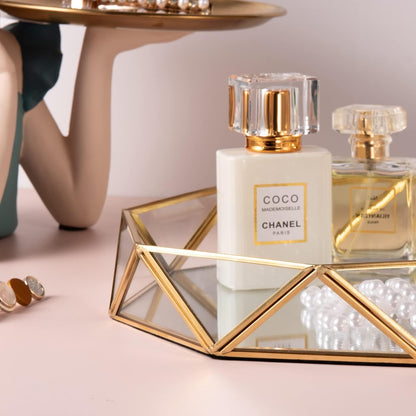 Gold Glass Perfume Tray Mirror Vanity Jewelry Trinket Organizer Tray Ornate Cosmetic Makeup Display Geometric Shape Display Decorative Tray for Home Decor Dresser Tabletop Countertop (9.5Inch)