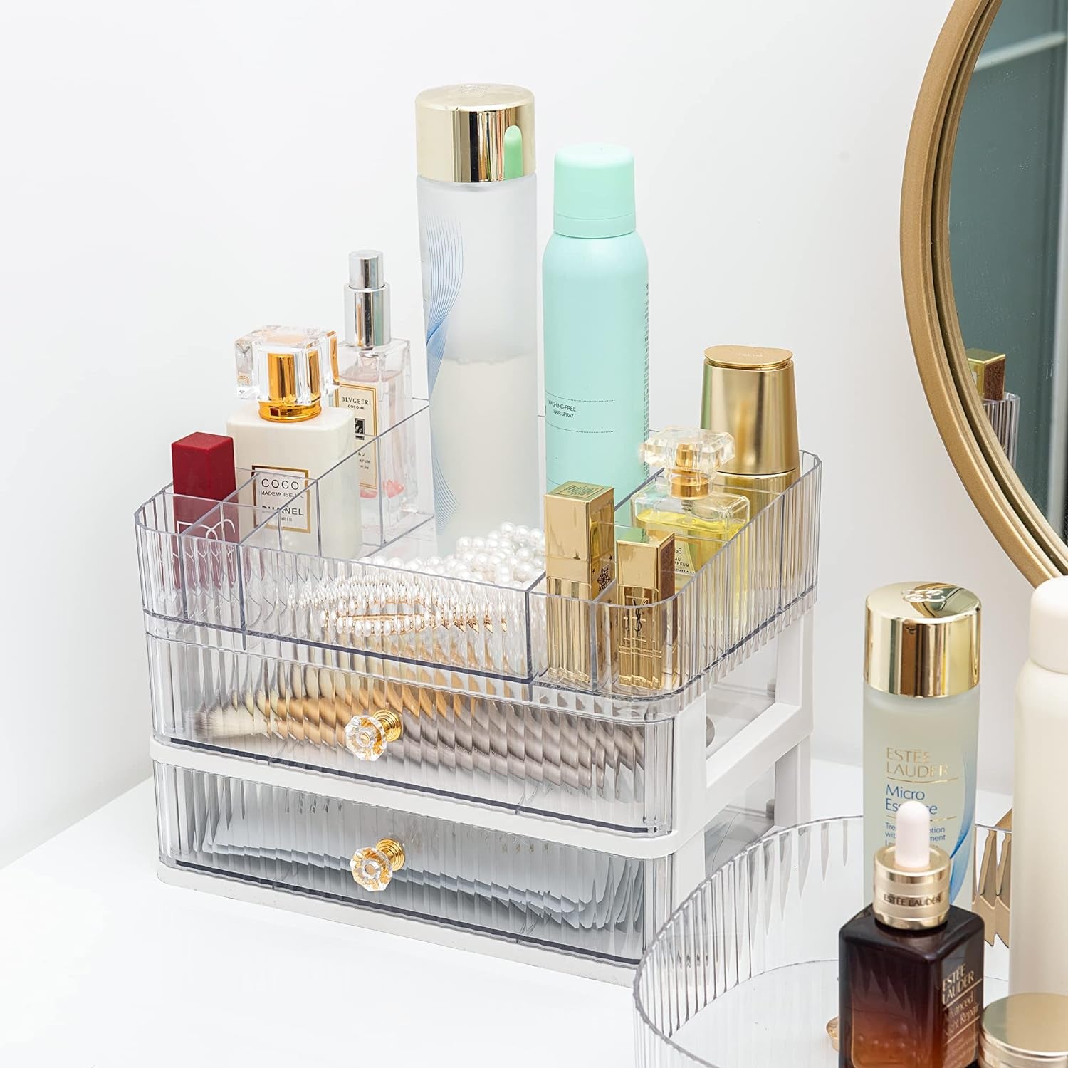 Feyarl White Makeup Organizer Used Beside a Vanity Table to Keep Daily Beauty Products Neatly Arranged