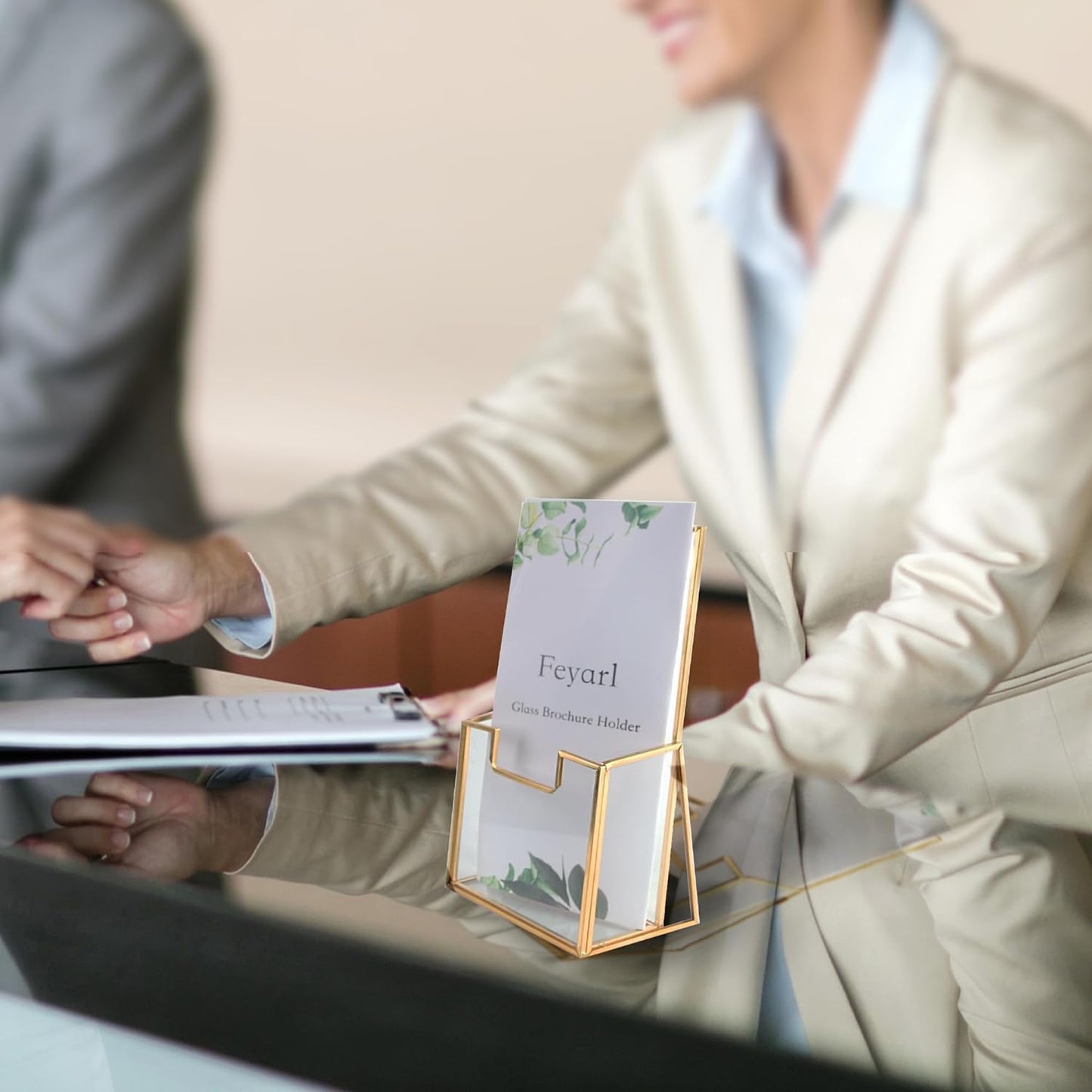 Feyarl glass brochure holder with gold edge for office display