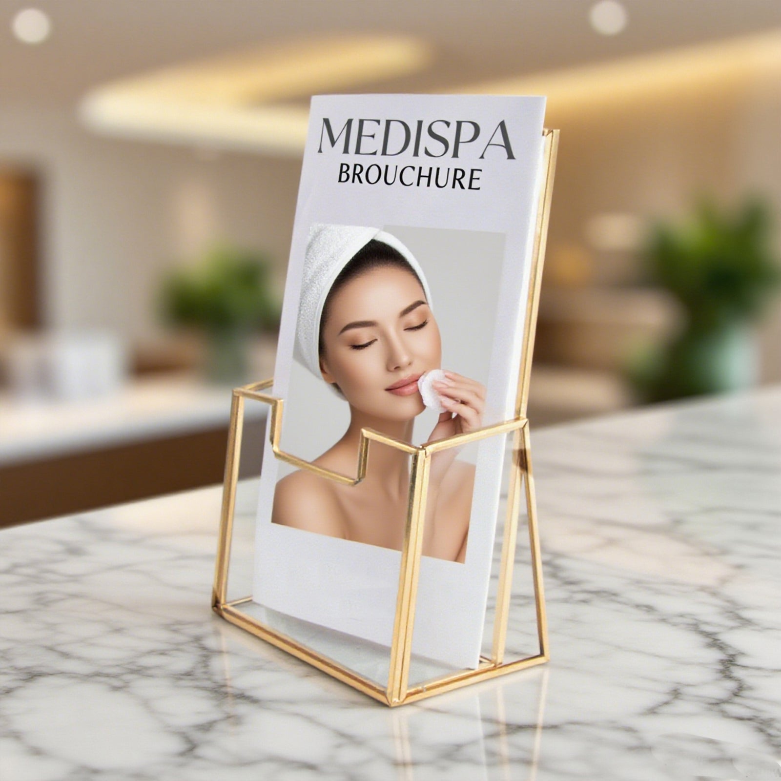 Feyarl Glass Brochure Holder showcasing spa service materials for an elegant reception or wellness space