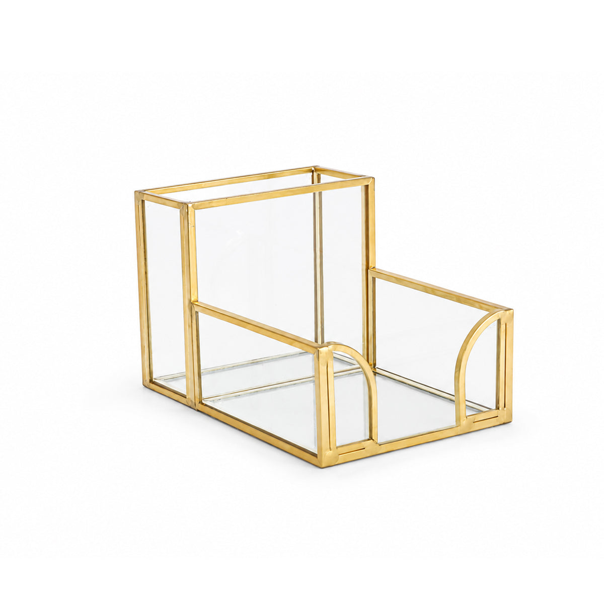 Feyarl Clear Glass Note Holder with Gold Metal Frame Combining Sticky Note Storage and Pen Organizer