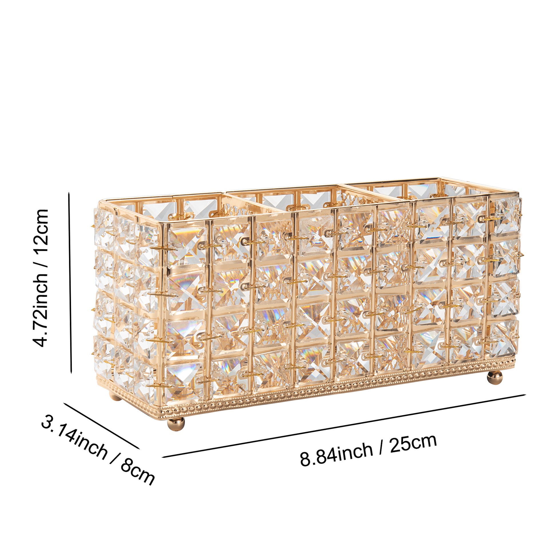 Gold Crystal Organizer showing product dimensions of 8.84 x 3.14 x 4.72 inches