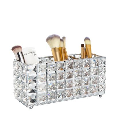 Silver Crystal Brush Organizer with makeup brushes showcasing a stylish and refined storage design