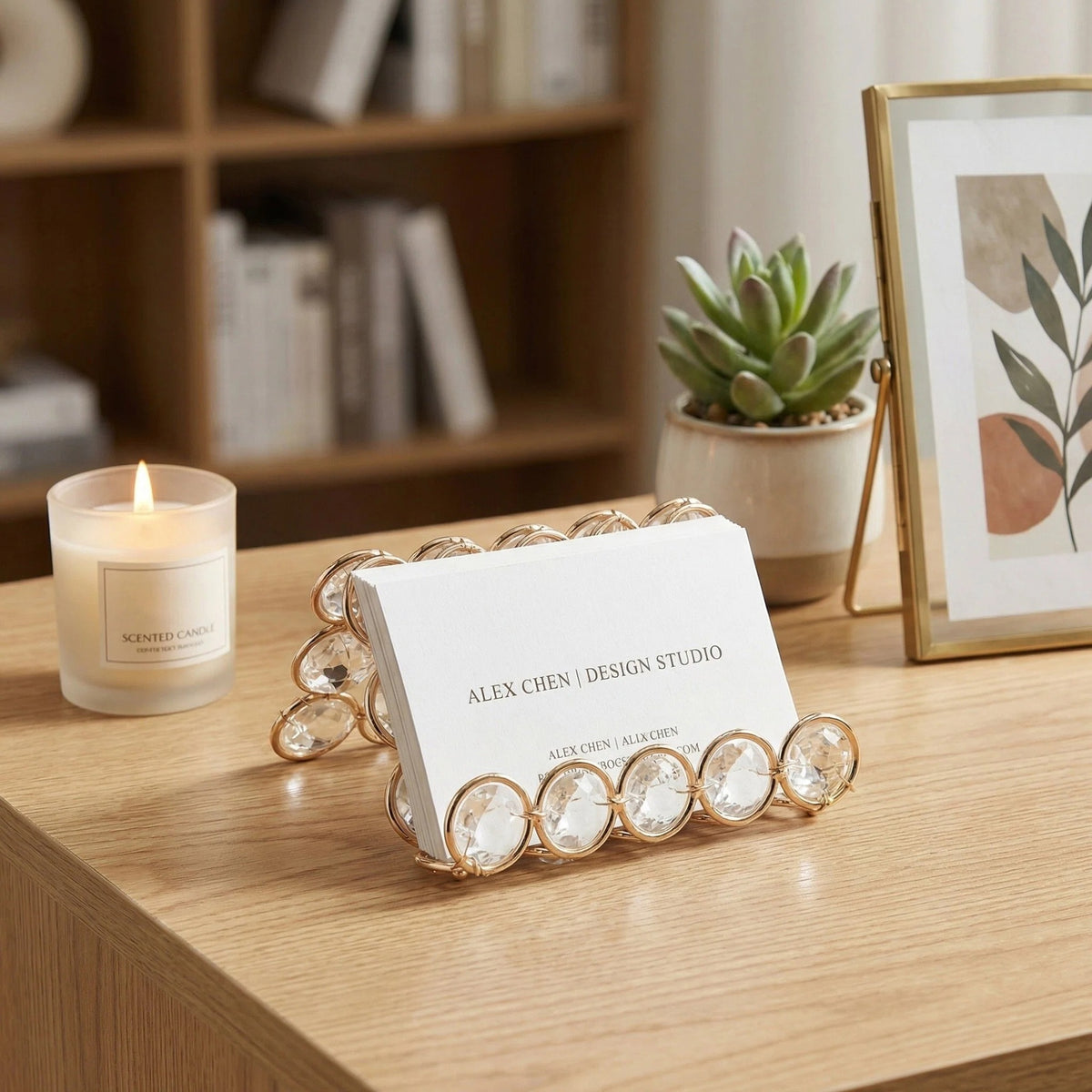Crystal Business Card Holder Stand Placed on a Desktop with Business Cards for an Elegant and Organized Display