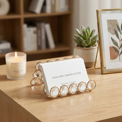 Crystal Business Card Holder Stand Placed on a Desktop with Business Cards for an Elegant and Organized Display