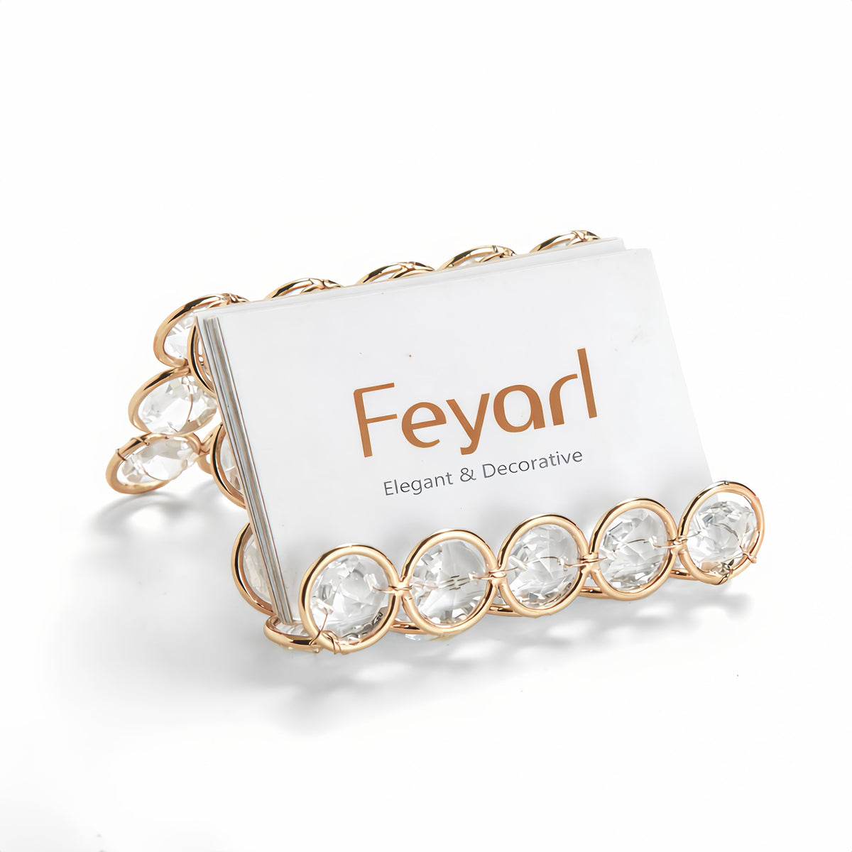 Feyarl Crystal Business Card Holder with Gold Frame, Elegant Desktop Name Card Display Organizer for Professional Spaces