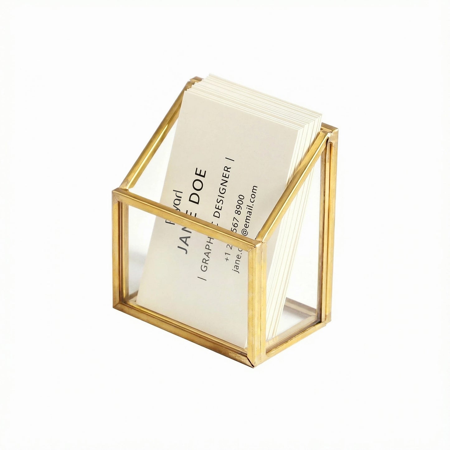 Feyarl Glass Vertical Business Card Holder with clear design, displaying name cards in an elegant desktop organizer