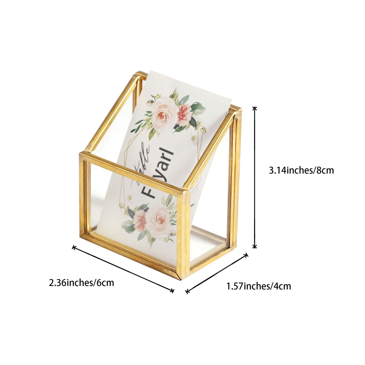 Gold Glass Vertical Business Card Holder size guide showing detailed product dimensions of 2.36 x 1.57 x 3.14 inches
