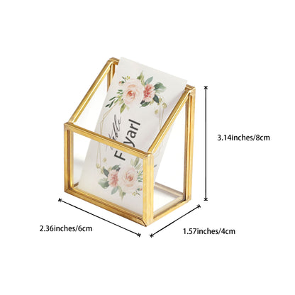Gold Glass Vertical Business Card Holder size guide showing detailed product dimensions of 2.36 x 1.57 x 3.14 inches