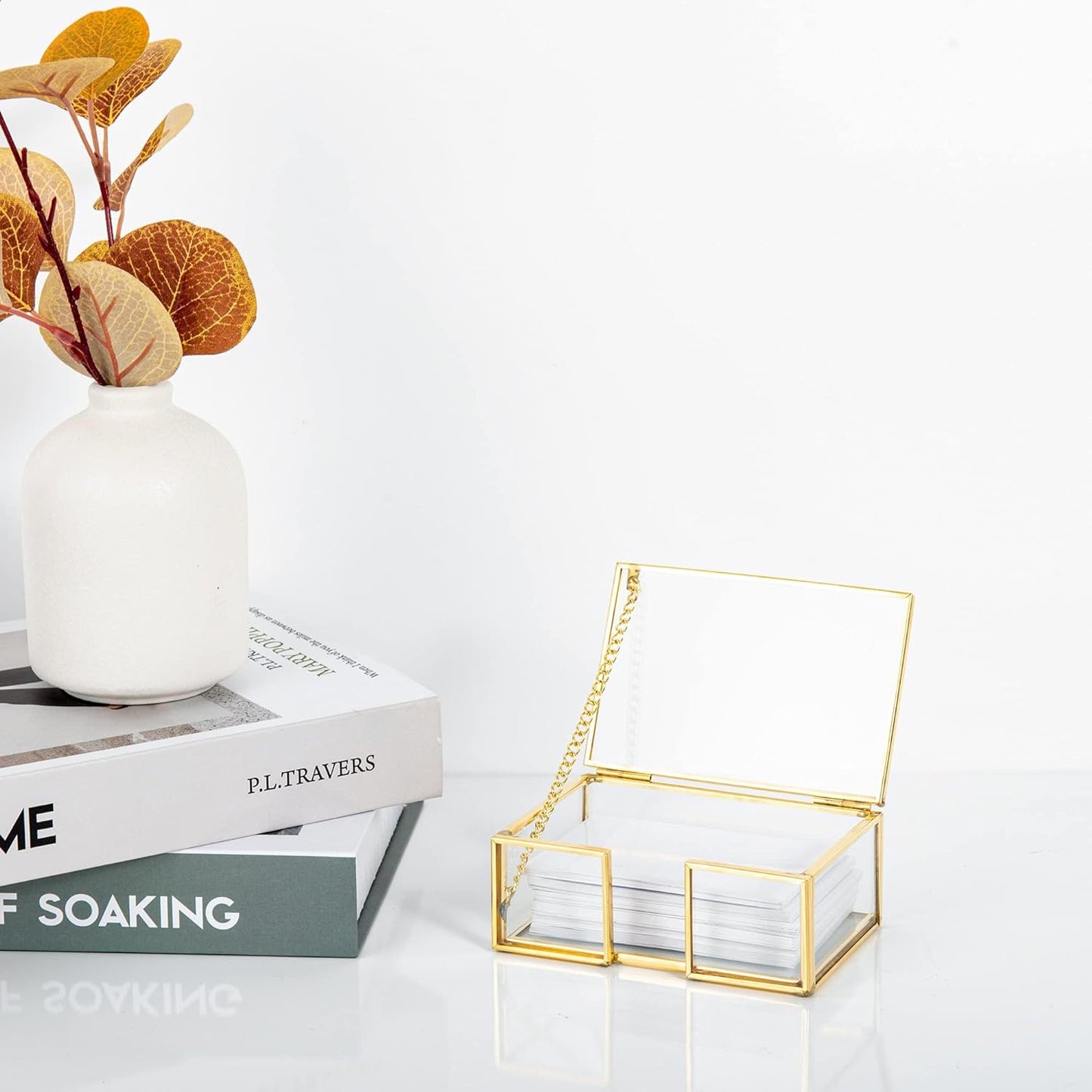 Elegant Gold Glass Business Card Holder suitable for office and home settings, adding a refined touch to any desktop