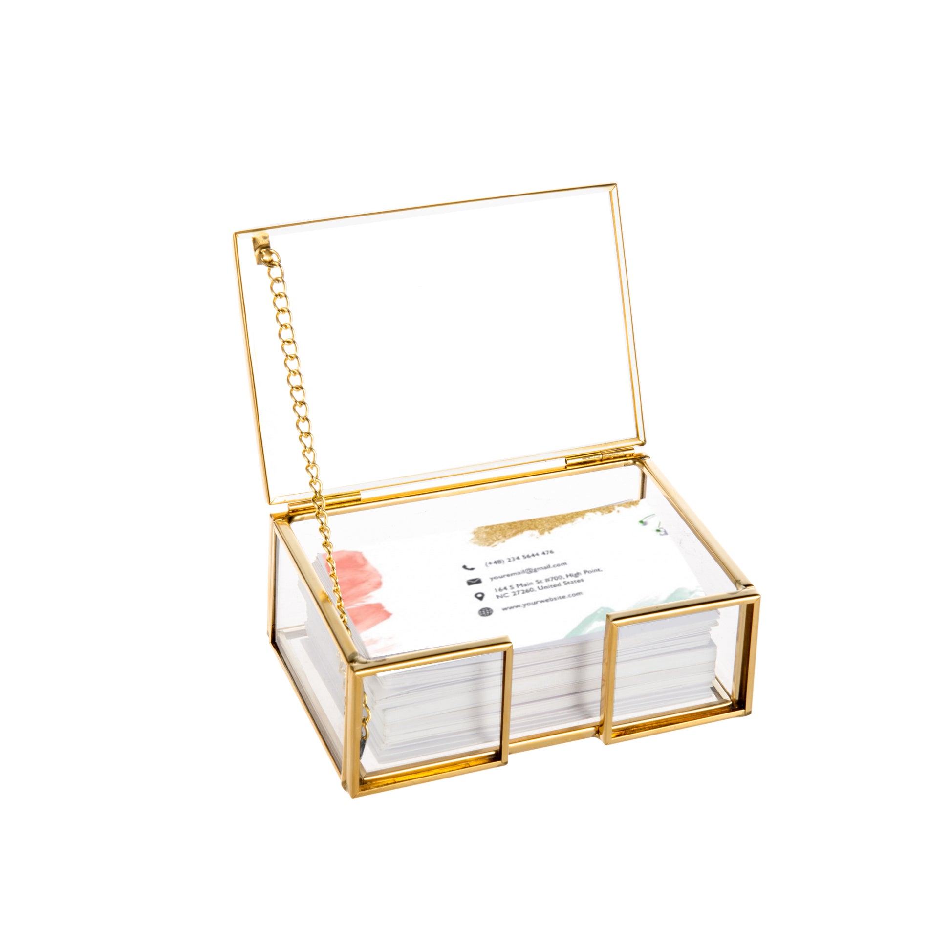 Feyarl Clear Glass Business Card Holder with gold edge and lid design for organized business card storage