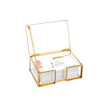 Feyarl Clear Glass Business Card Holder with gold edge and lid design for organized business card storage