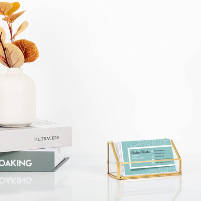 Modern Business Card Holder with gold edge on a desk, featuring a minimalist and stylish design for office display