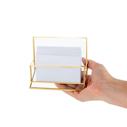 Gold Glass Business Card Holder held in hand, showcasing the transparent glass body and elegant gold edge design