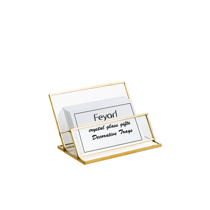 Feyarl Clear Glass Business Card Holder with gold edge featuring a horizontal display design for professional desktop organization