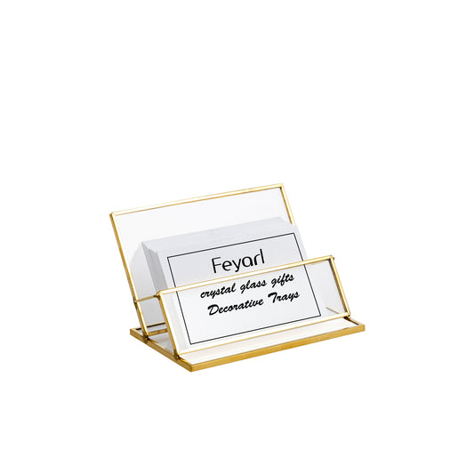 Feyarl Clear Glass Business Card Holder with gold edge featuring a horizontal display design for professional desktop organization