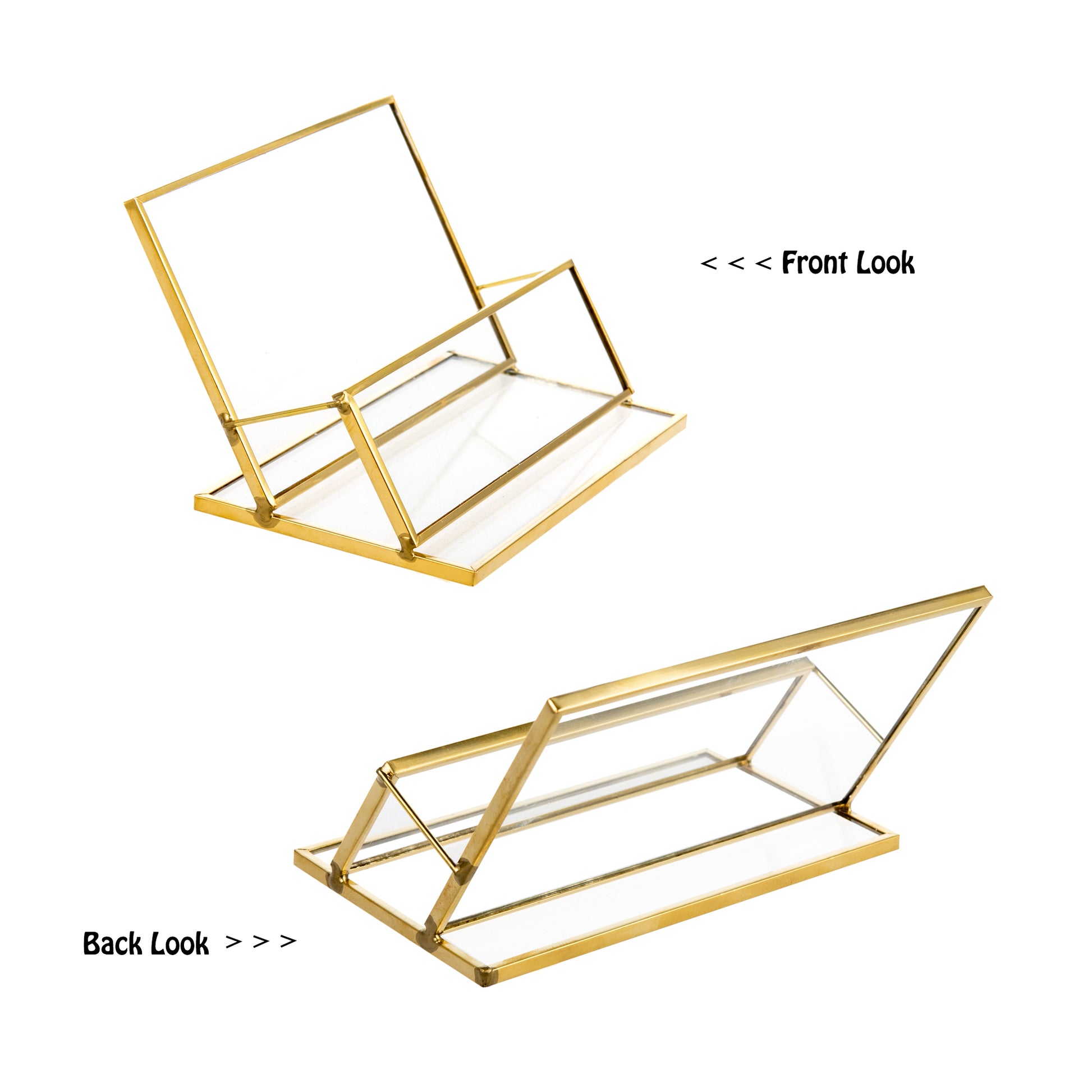 Gold Glass Business Card Holder front and back view, showing the transparent glass body and elegant gold edge frame design