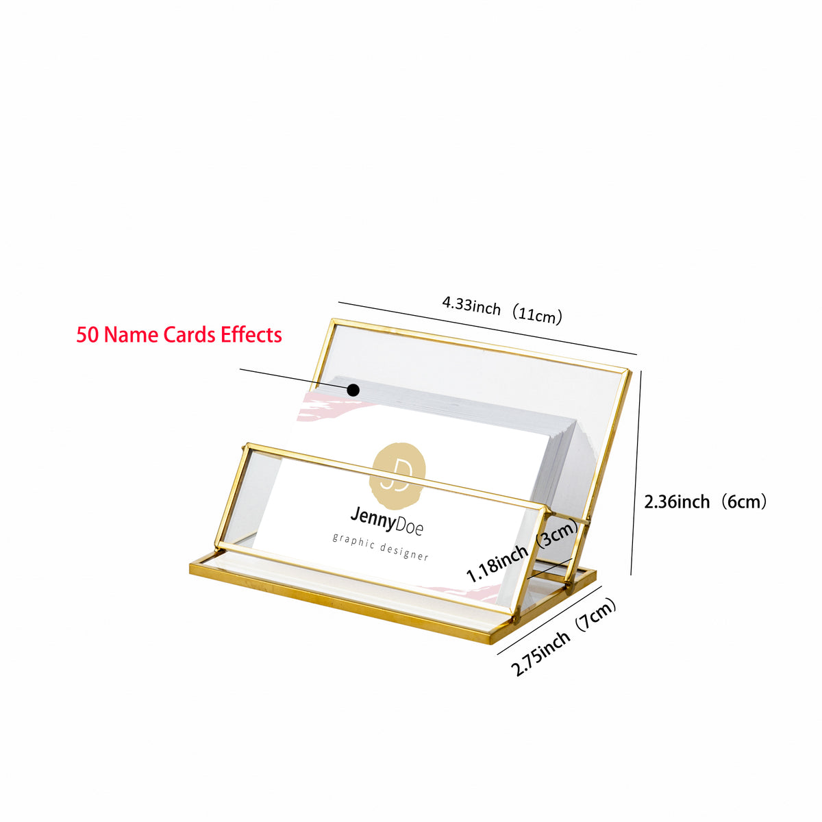Glass Business Card Holder dimension chart highlighting its compact size and storage capacity for 50 business cards