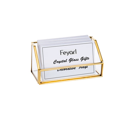 Feyarl Gold Edge Glass Business Card Holder featuring a clear glass body for professional desktop card organization
