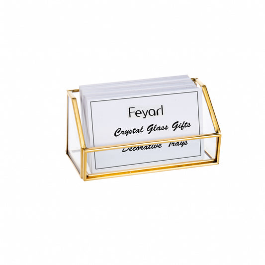 Feyarl Gold Edge Glass Business Card Holder featuring a clear glass body for professional desktop card organization