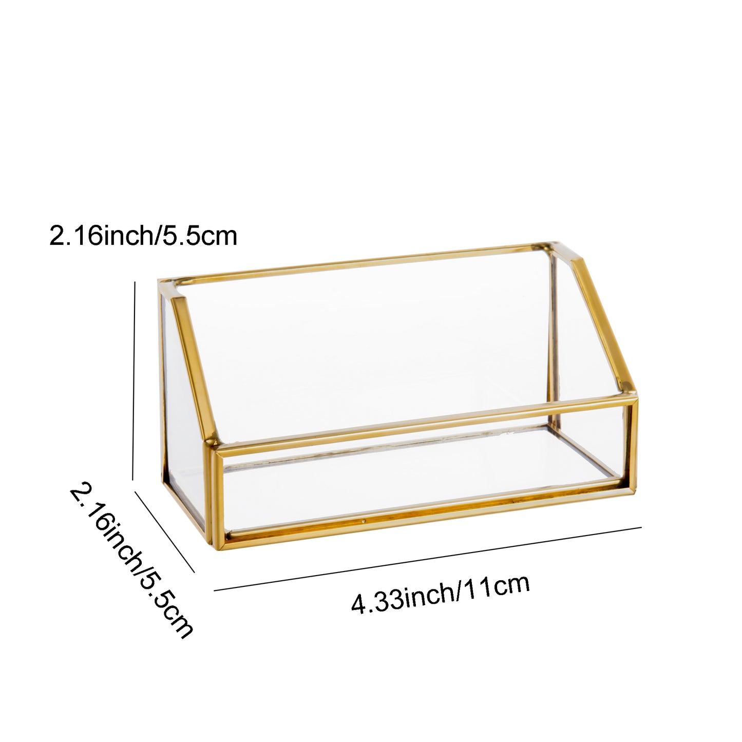 Feyarl Glass Business Card Holder size guide showing the 4.33 × 2.16 × 2.16 inch dimensions and compact desktop design