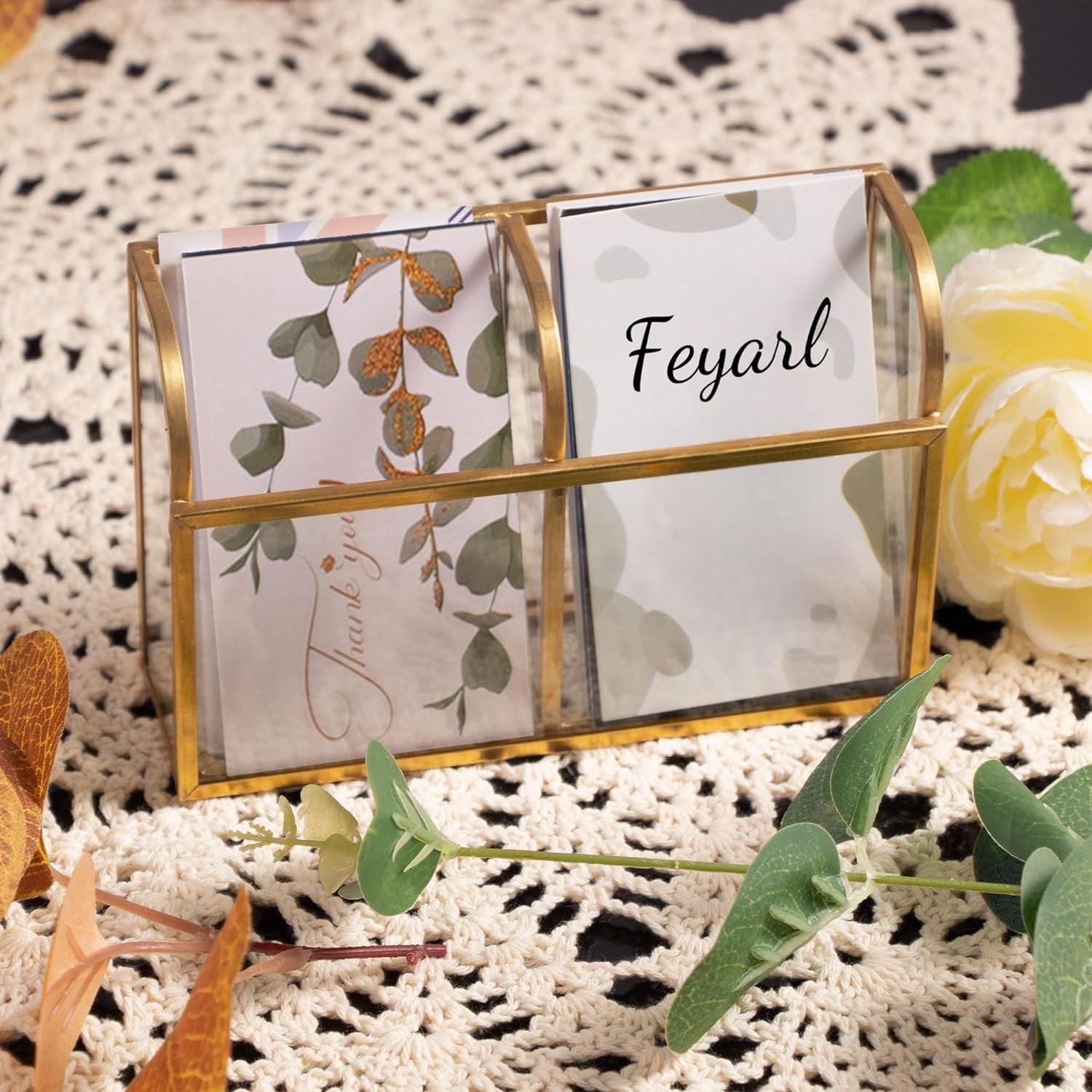 Gold Glass Business Card Holder with business cards on a desktop, keeping cards organized and easy to access