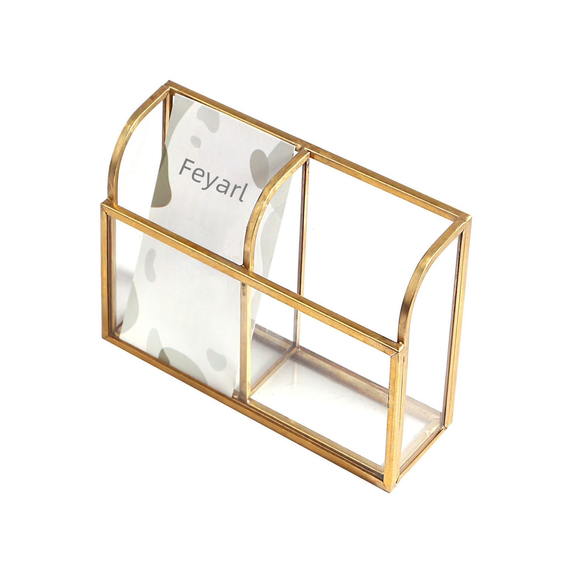 Feyarl Gold Glass Business Card Holder with 2-slot vertical design, displaying cards in an elegant desktop stand