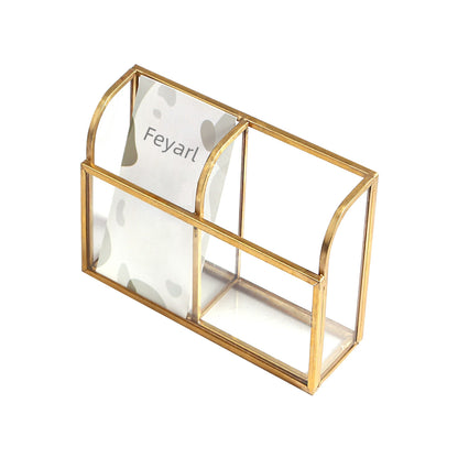 Feyarl Gold Glass Business Card Holder with 2-slot vertical design, displaying cards in an elegant desktop stand