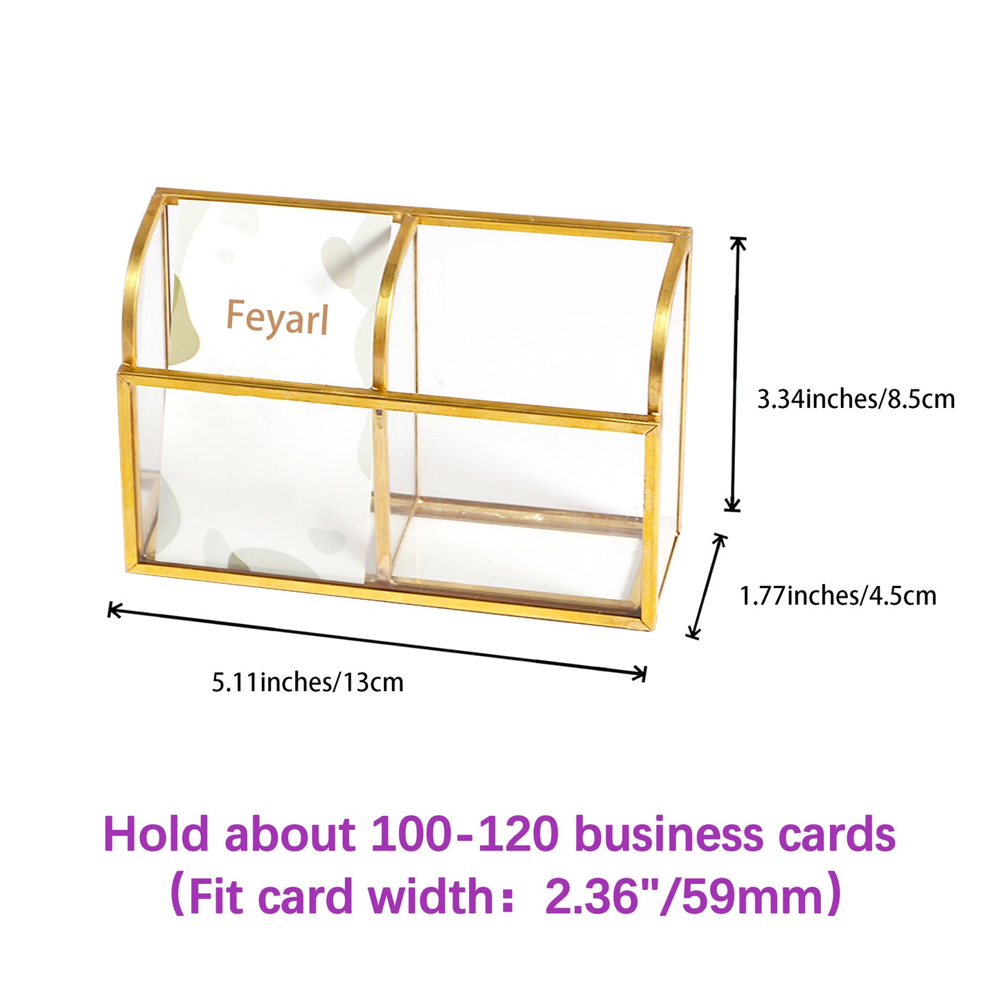 Clear Glass Business Card Holder dimension chart showing overall product measurements and card slot size details