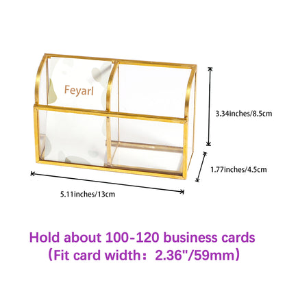 Clear Glass Business Card Holder dimension chart showing overall product measurements and card slot size details