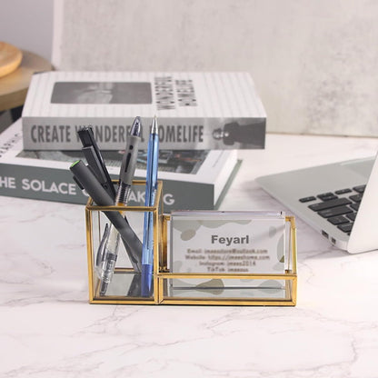 Clear Glass Business Card Holder with gold frame displayed on a desk for a clean and organized workspace