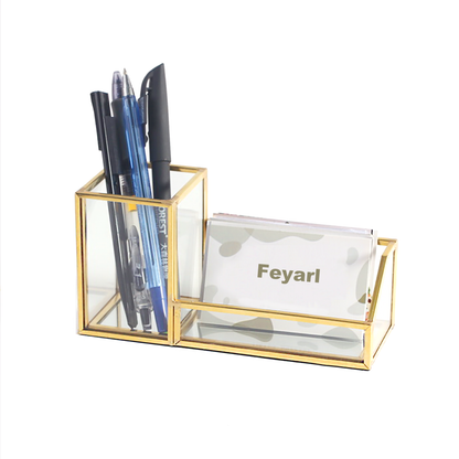 Glass Business Card Holder with pen stand, 2-slot desktop organizer featuring a clear glass design for office essentials