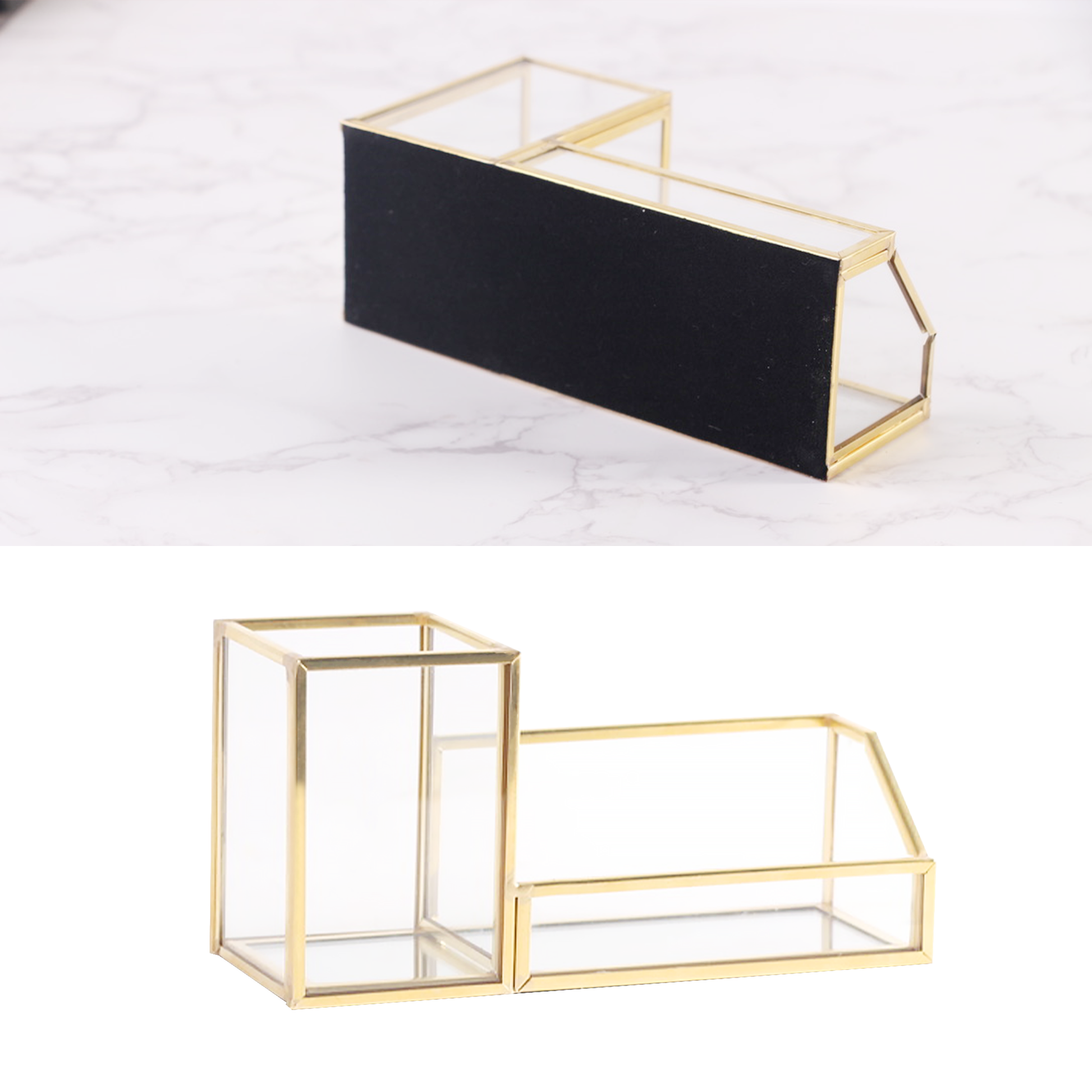 Gold Glass Business Card Holder front and bottom view showing the clear glass structure and polished gold frame design