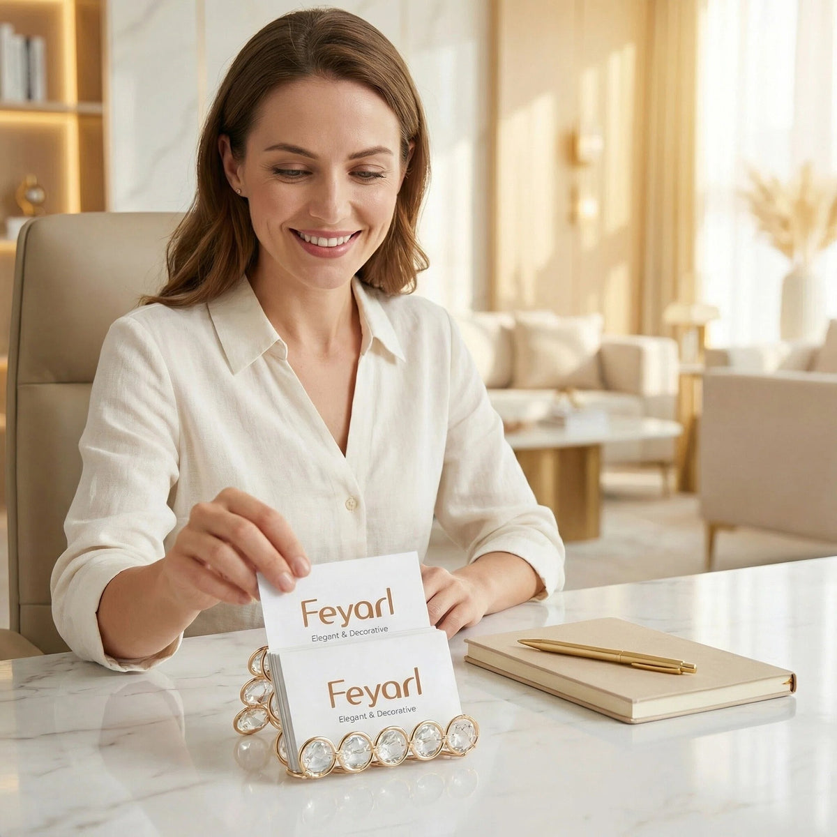 Feyarl Crystal Business Card Holder Stand on a Desktop with a Hand Picking Up a Business Card for Convenient Access