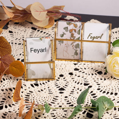Clear Glass Business Card Holder with gold edge displayed on a desk for office, home, and countertop organization