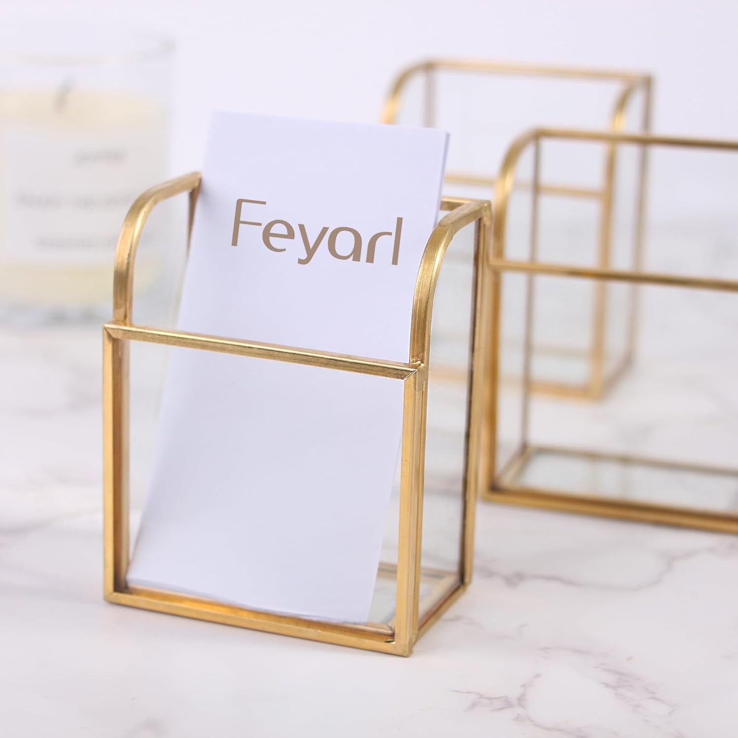 Feyarl Clear Glass Business Card Holder with gold edge for organized name card display on desks and countertops
