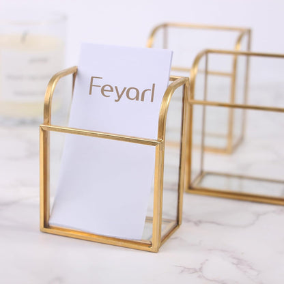 Feyarl Clear Glass Business Card Holder with gold edge for organized name card display on desks and countertops