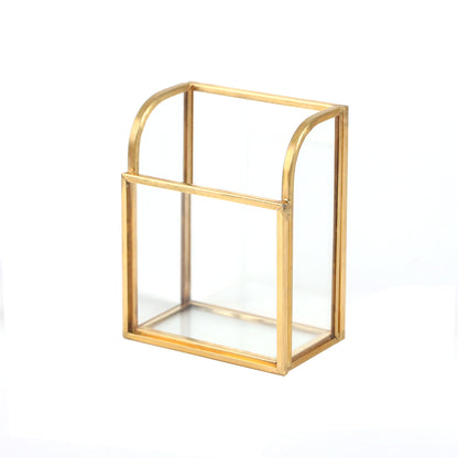 Clear Glass Business Card Holder with gold frame, vertical desktop display stand for organized name cards